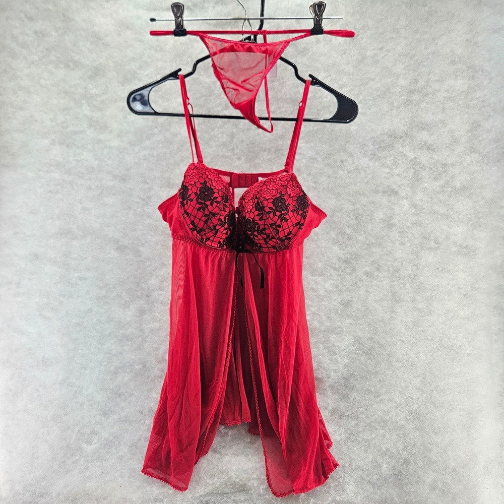 Inner‎ Secrets Red Lace Trim Babydoll Chemise w/ Matching GString Panty Sz Large